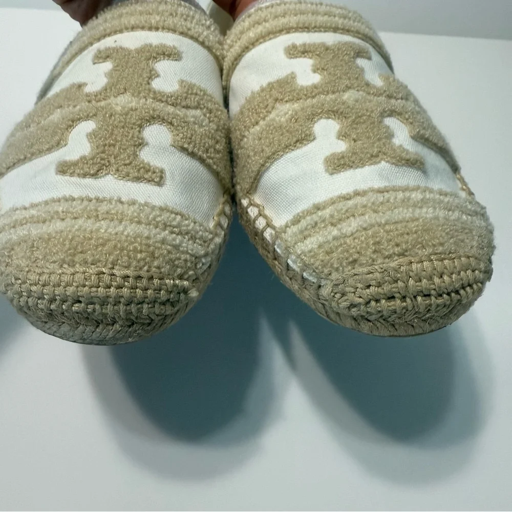 Tory Burch Ines Double T Canvas Espadrilles White Coastal Tan Flat Sz 10 Summer